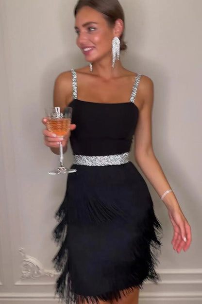 Sequin Strap Square Neck Tiered Fringe Cocktail Mini Dress