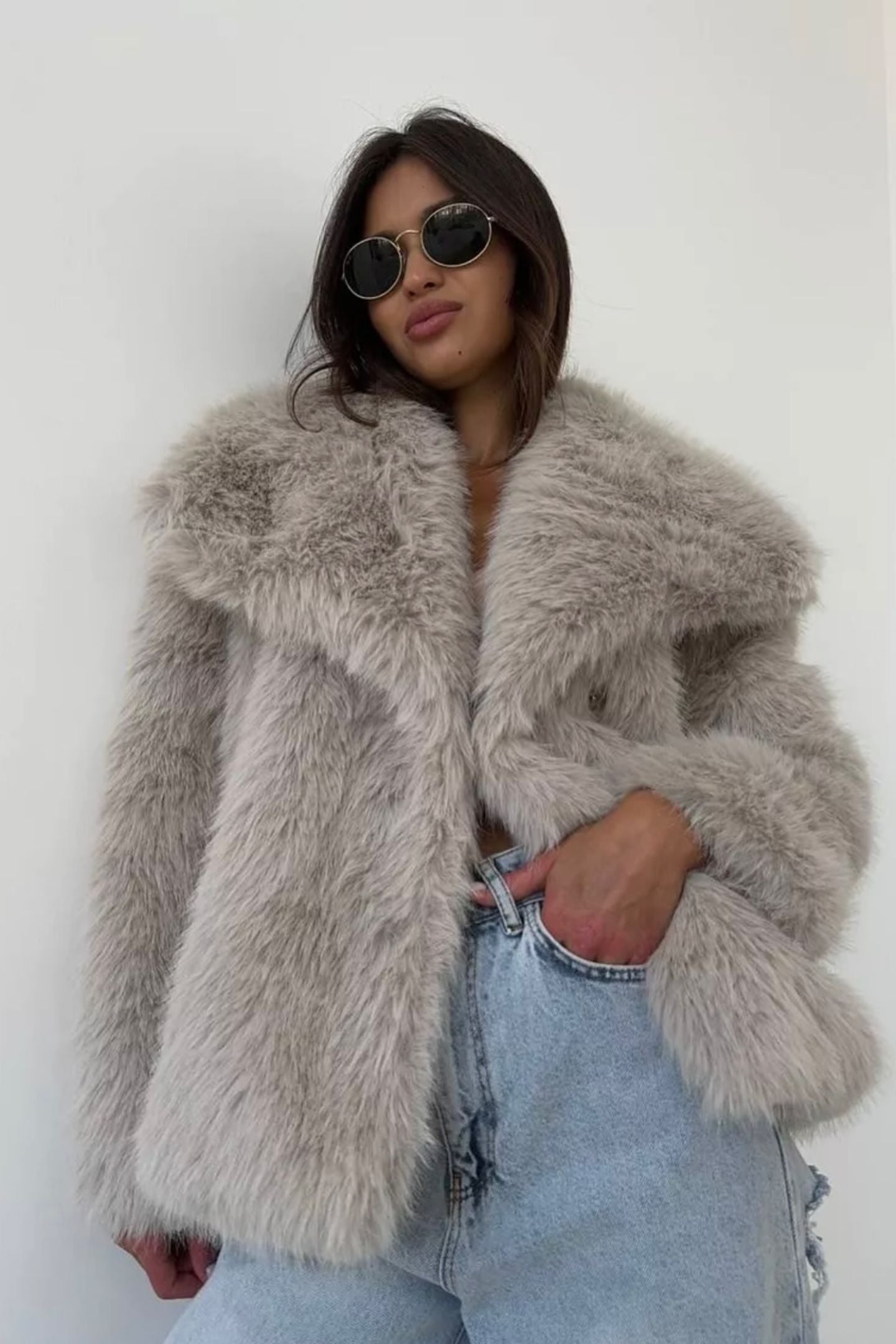 Enid Faux Fur Shawl Collar Jacket