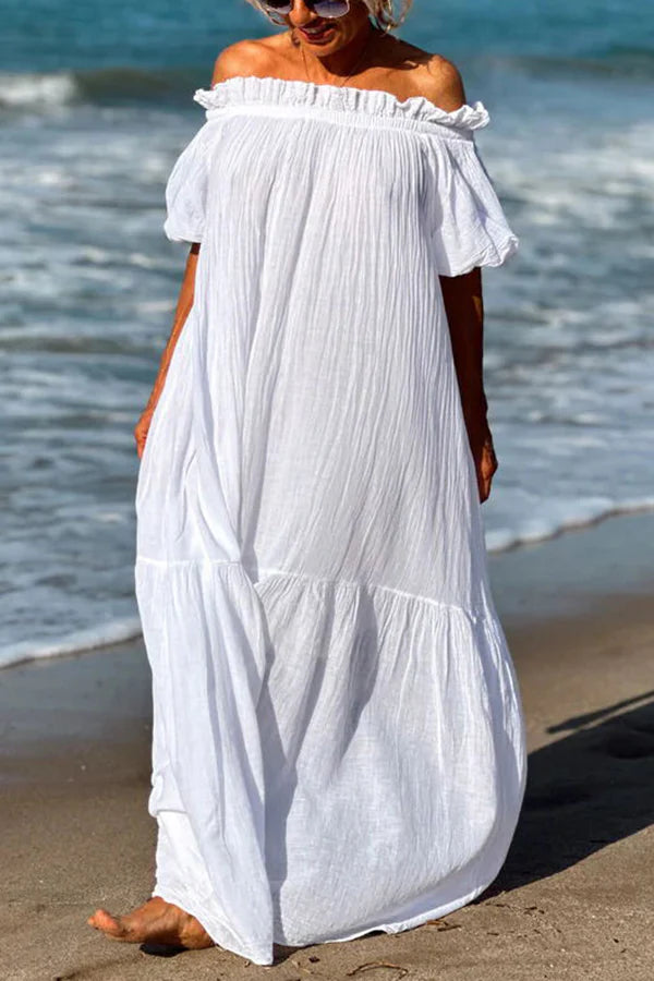 Linen Blend Ruffle Off Shoulder Puff Sleeve A-line Maxi Dress