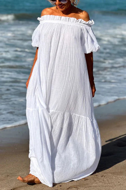 Linen Blend Ruffle Off Shoulder Puff Sleeve A-line Maxi Dress