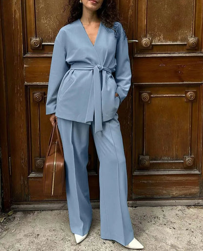 Blue V-Neck Lace-Up Trousers Office Two Piece Set