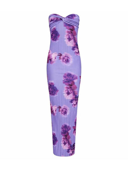 Printed Pleated Bandeau Tube Maxi Dress