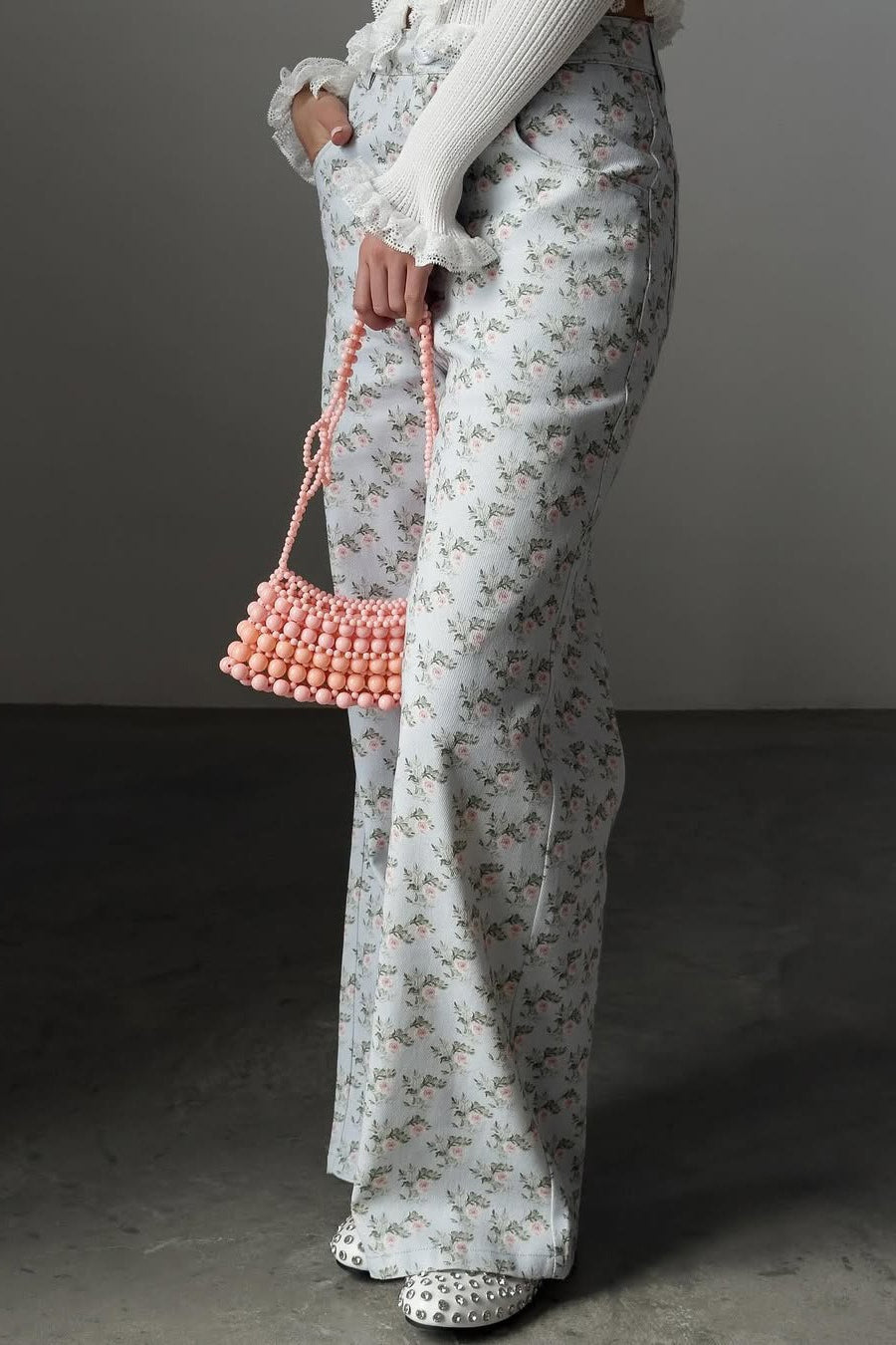 Vintage Light Floral High-Waist Wide-Leg Jeans