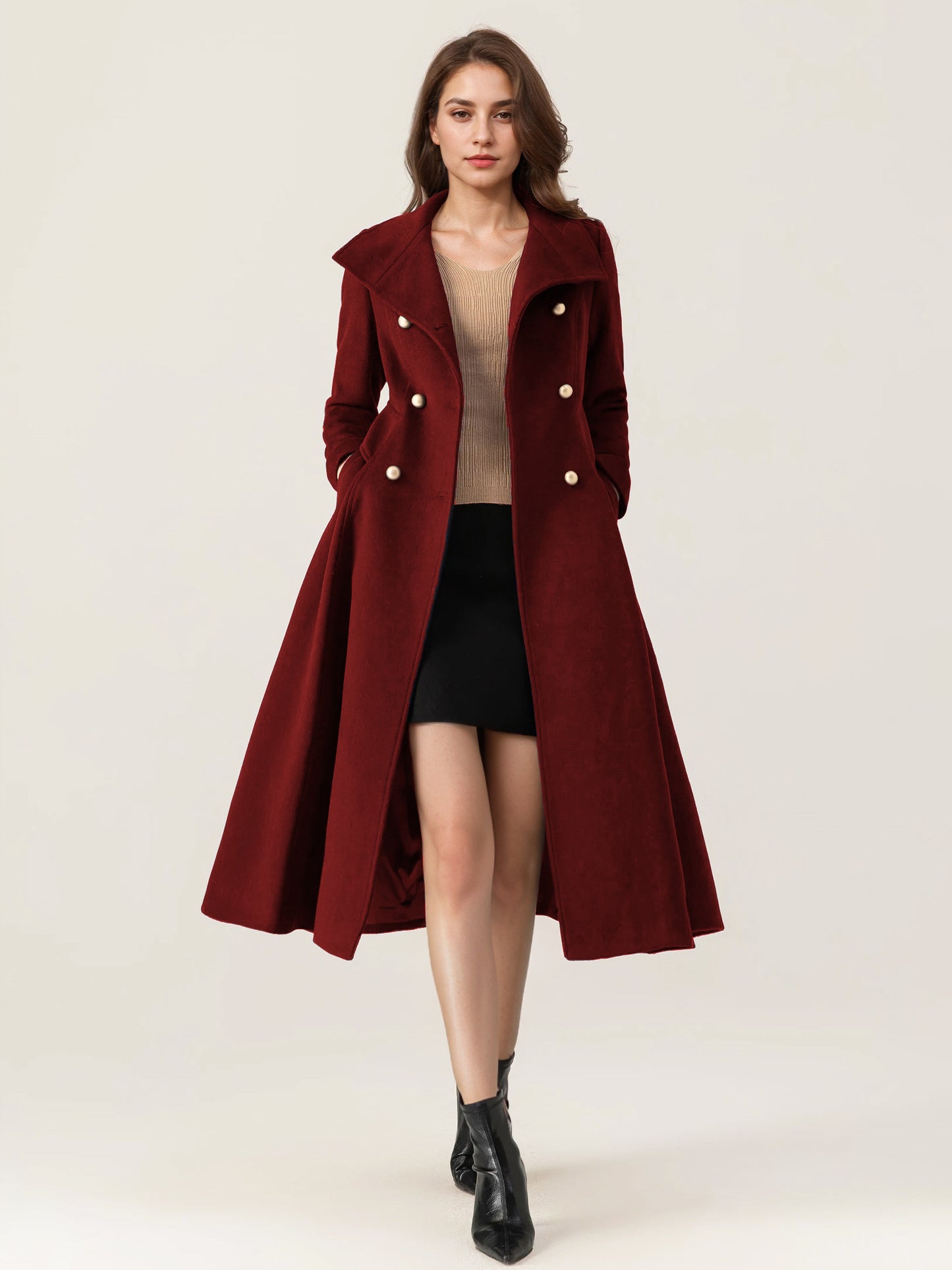 Woolen Flared Coat For Woman Stand Collar Dark Navy Vintage Double-breasted Winter Midi Outerwear 2026