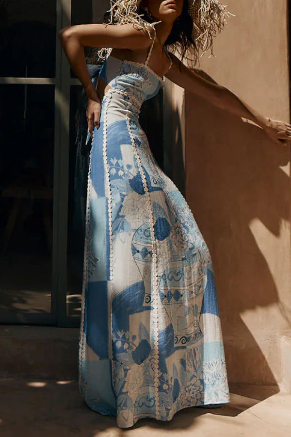 Unique Print Back Tie-up Slip Flared Maxi Dress