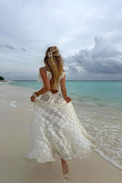 Sexy Lace Split V Neck Backless Ruffled Boho Dress