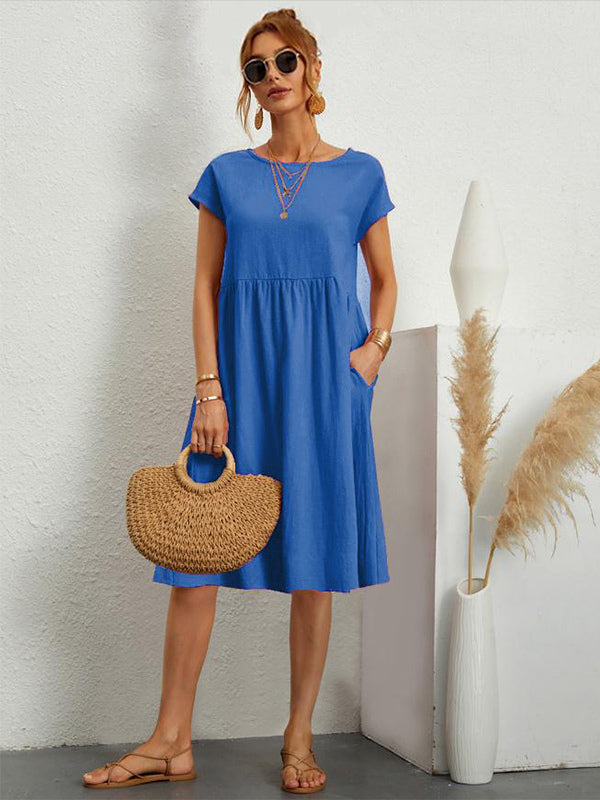 Short Sleeves Midi Shift Dress for Women - Minimalist Solid Color Loose T-shirt Dress with Pockets - Summer Daily Casual 2026