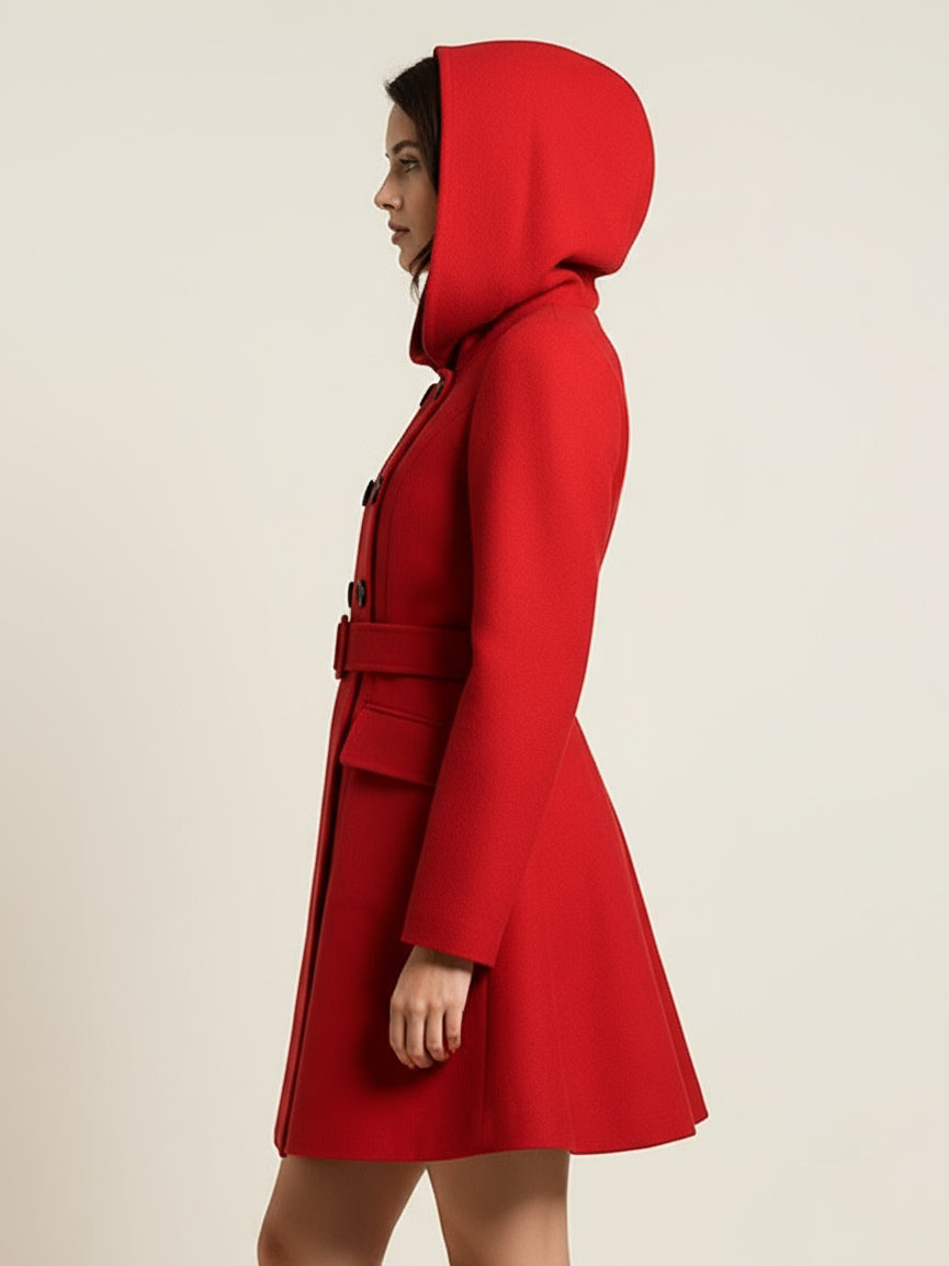 Hooded A-Line Midi Coat With Double-Breasted Design And Belt For Women 2026