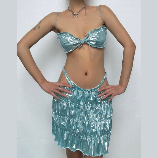 Ruched metallic ruffle self tie 3 piece mini skirt set