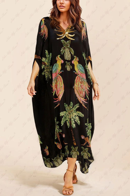 Unique Drop Shoulder Sleeve Coconut Tree Printed Dress