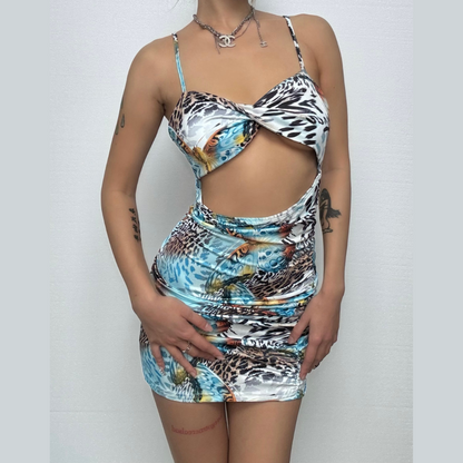 Ruched v neck hollow out print cami cut out mini dress