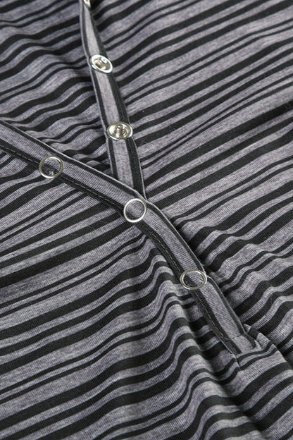 Hooded Striped Color Block Button V Neck Long Sleeve Blouse