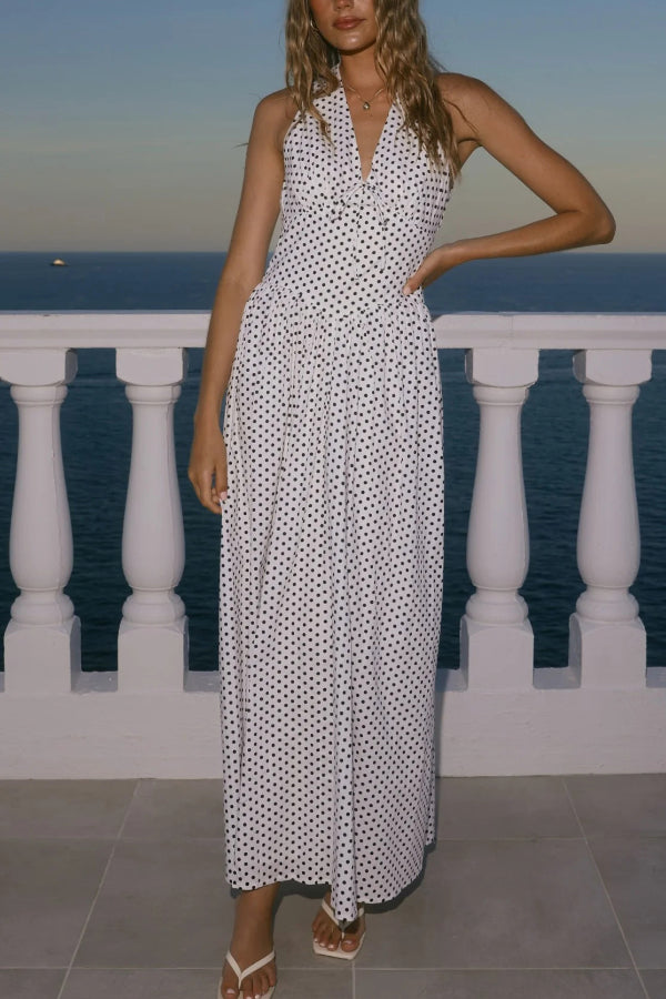Polka Dot Print Halter Neck Fitted Waist Holiday Maxi Dress