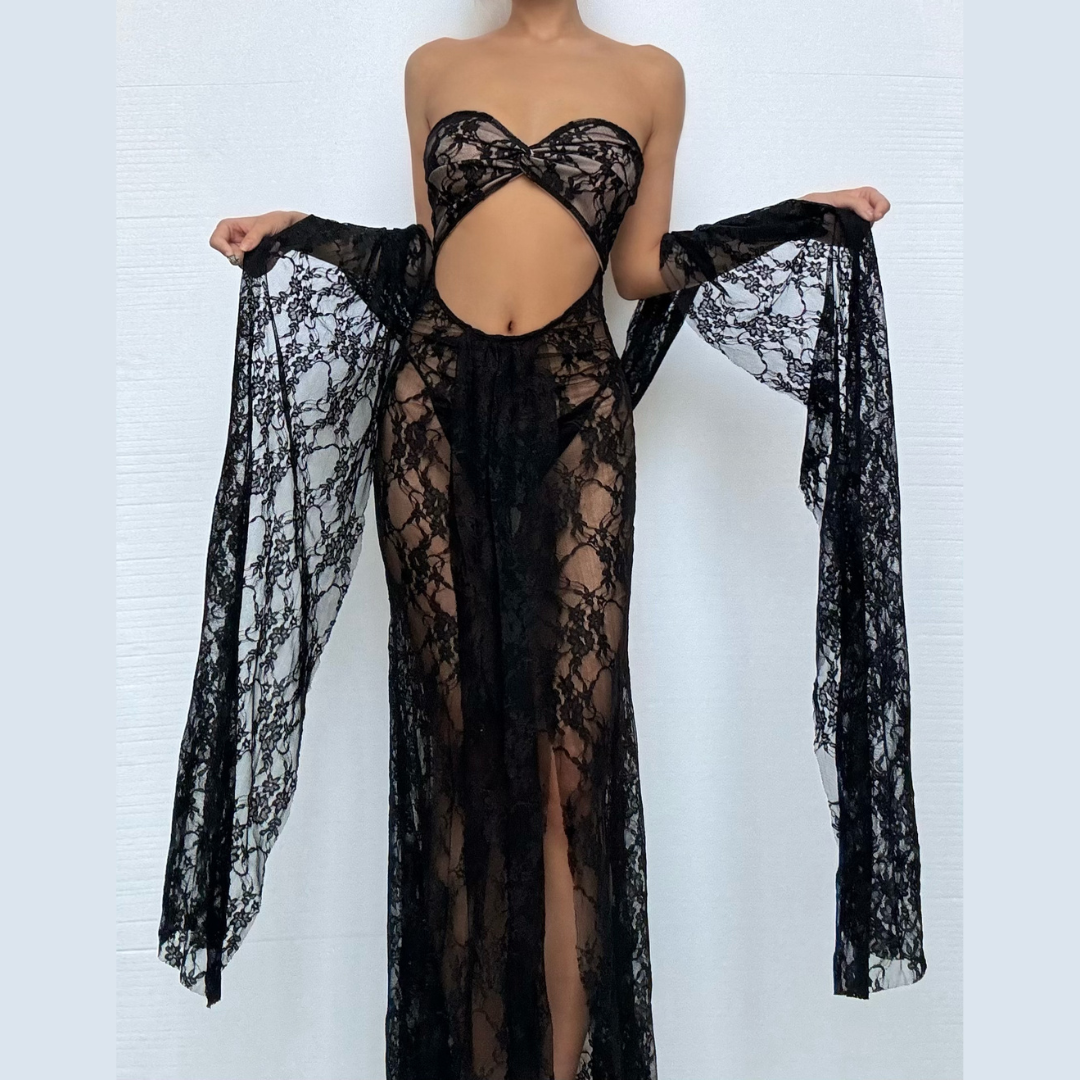 Lace sweetheart neck hollow out slit cut out maxi dress