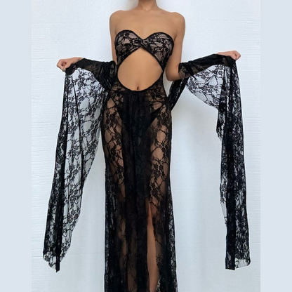 Lace sweetheart neck hollow out slit cut out maxi dress