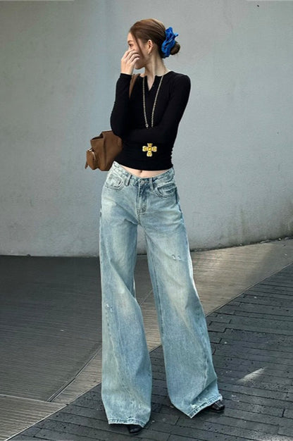 Washed Wide-Leg Distressed Jeans
