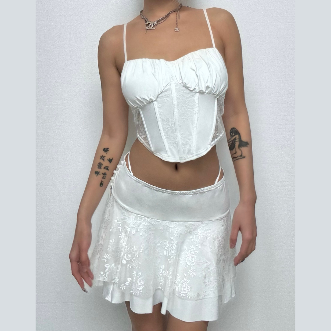 Corset lace button slit cami mini skirt set