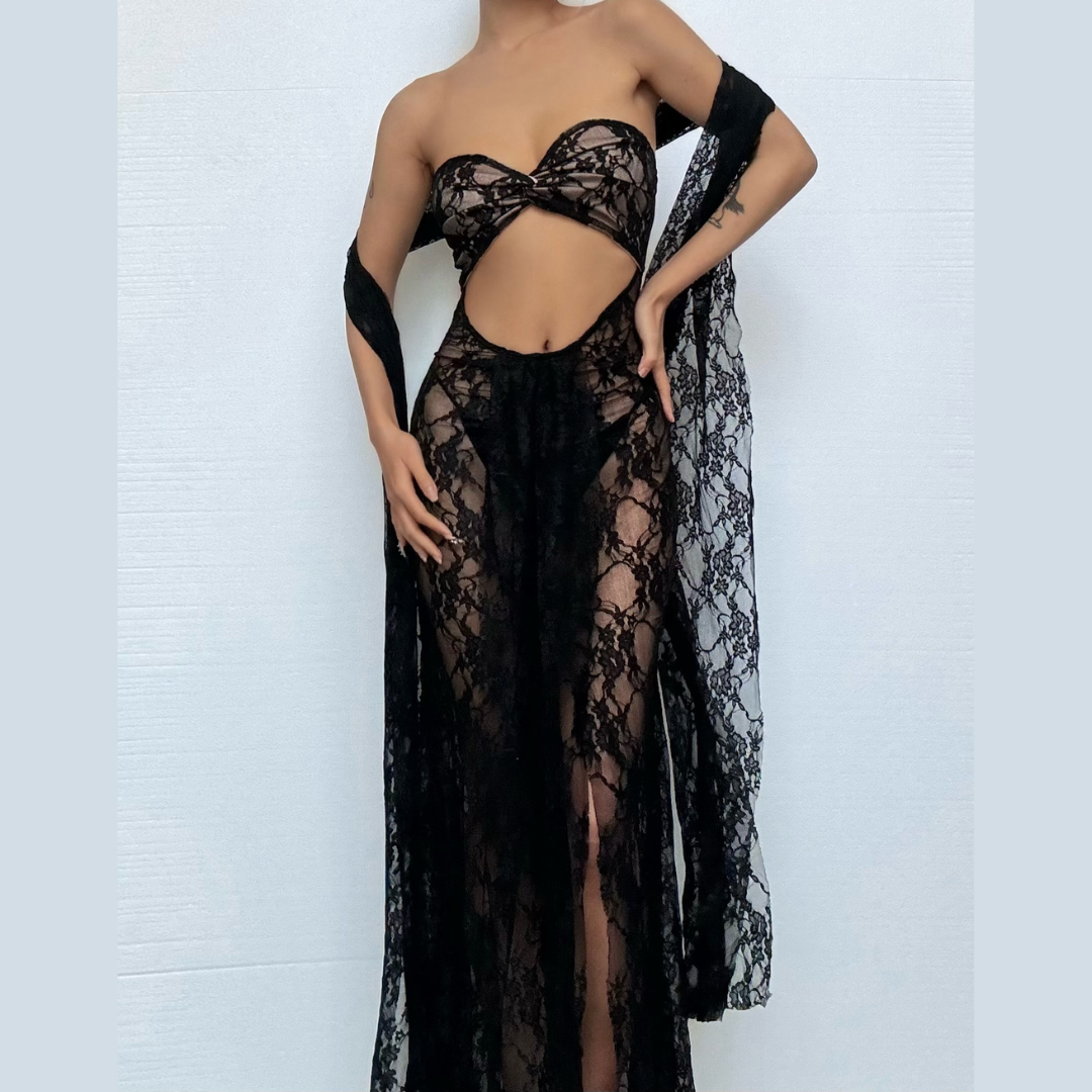 Lace sweetheart neck hollow out slit cut out maxi dress