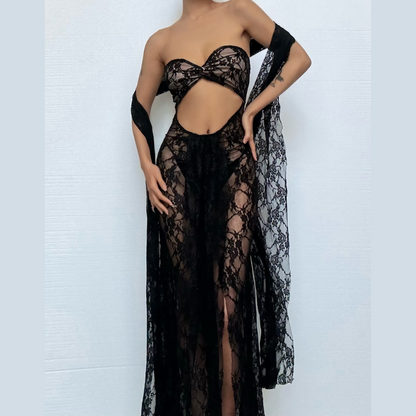 Lace sweetheart neck hollow out slit cut out maxi dress
