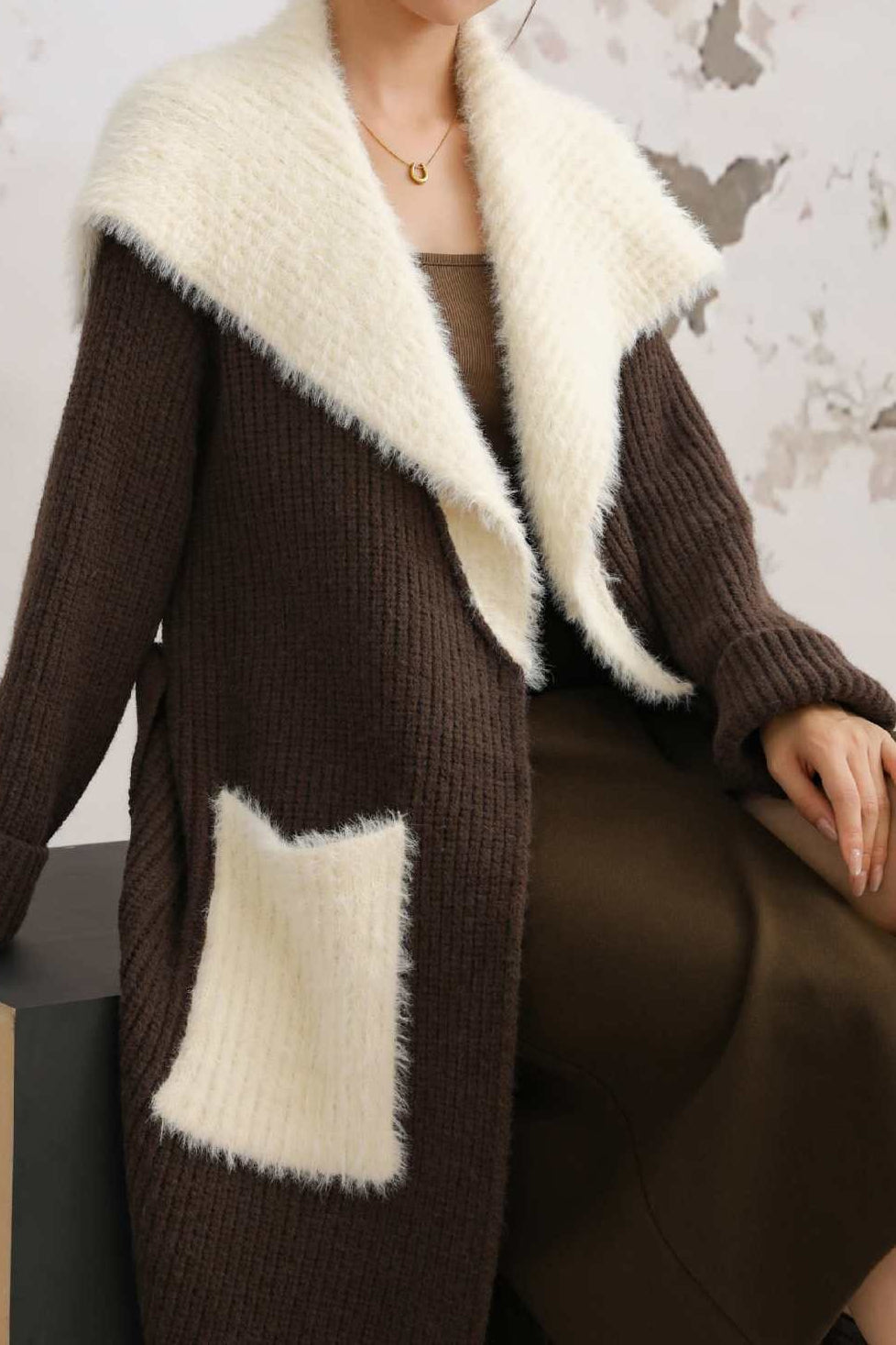Faux Fur Collar Long Patchwork Loose Knit Overcoat