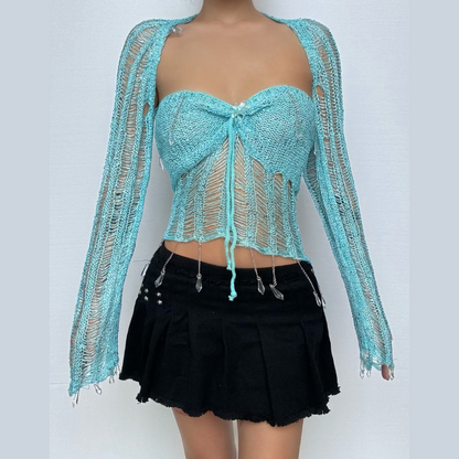 Halter knotted crystal pendant shrug hollow out ruched pant set