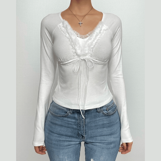 Fluffy patchwork solid long sleeve self tie top-final-sale