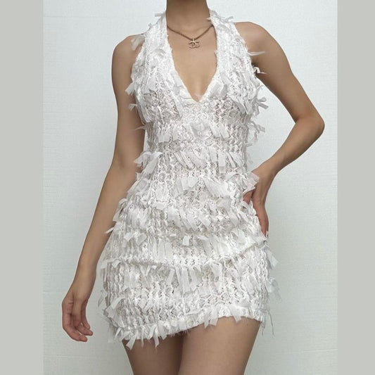 Deep V neck halter self tie backless zip-up mini dress