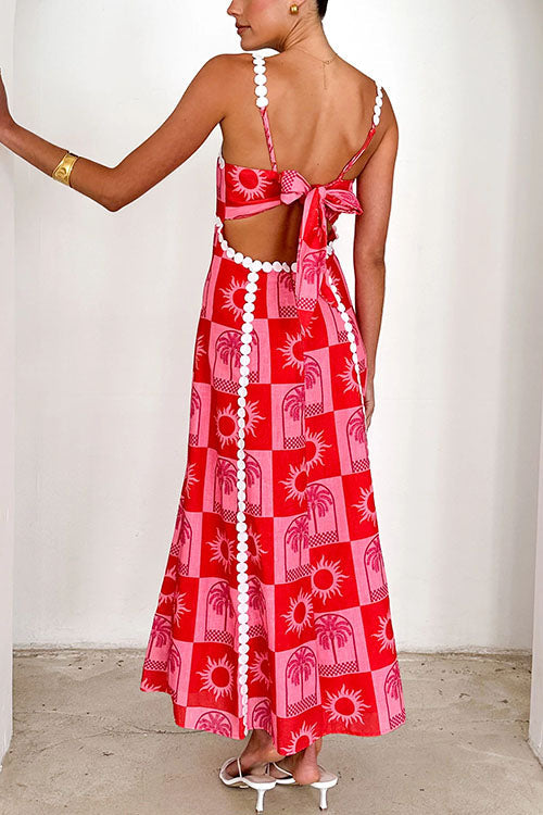 Ric Rac Trim Bow Back Palm Soleil Print Maxi Cami Dress
