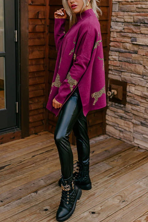 High Neck Side Slit Cheetah Pattern Sweater