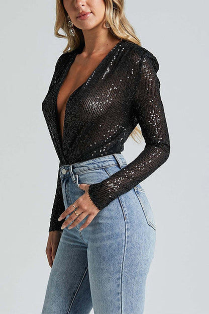 Wrap Deep V Neck Long Sleeves Sequin Bodysuit