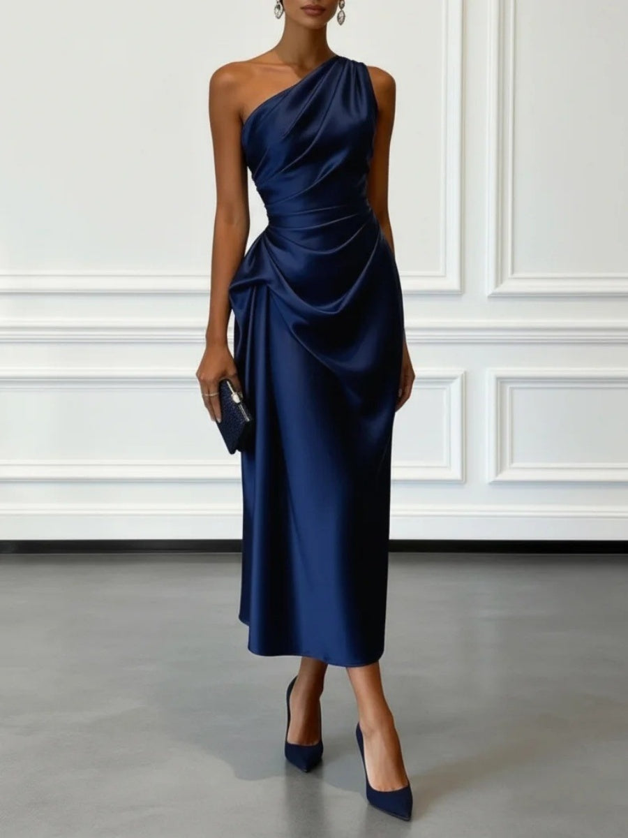 Satin Pleated One Shoulder Grace Formal Dress Maxi Dresses