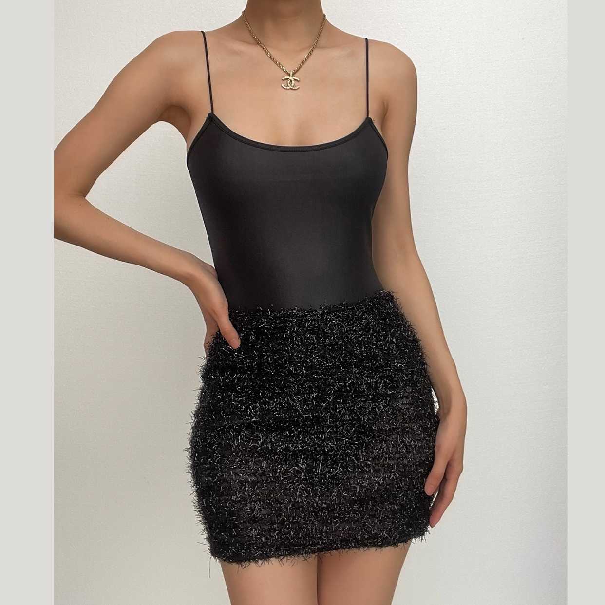 Scoop Neck Spaghetti Strap Textured Fuzzy Skirt Bodycon Mini Dress