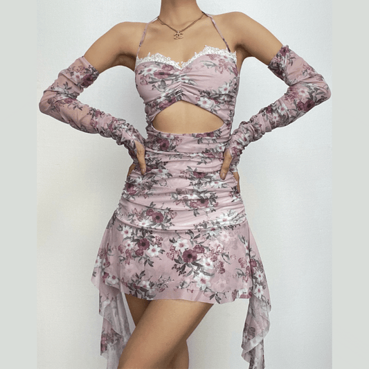 Halter hollow out lace hem flower print gloves cut out mini dress