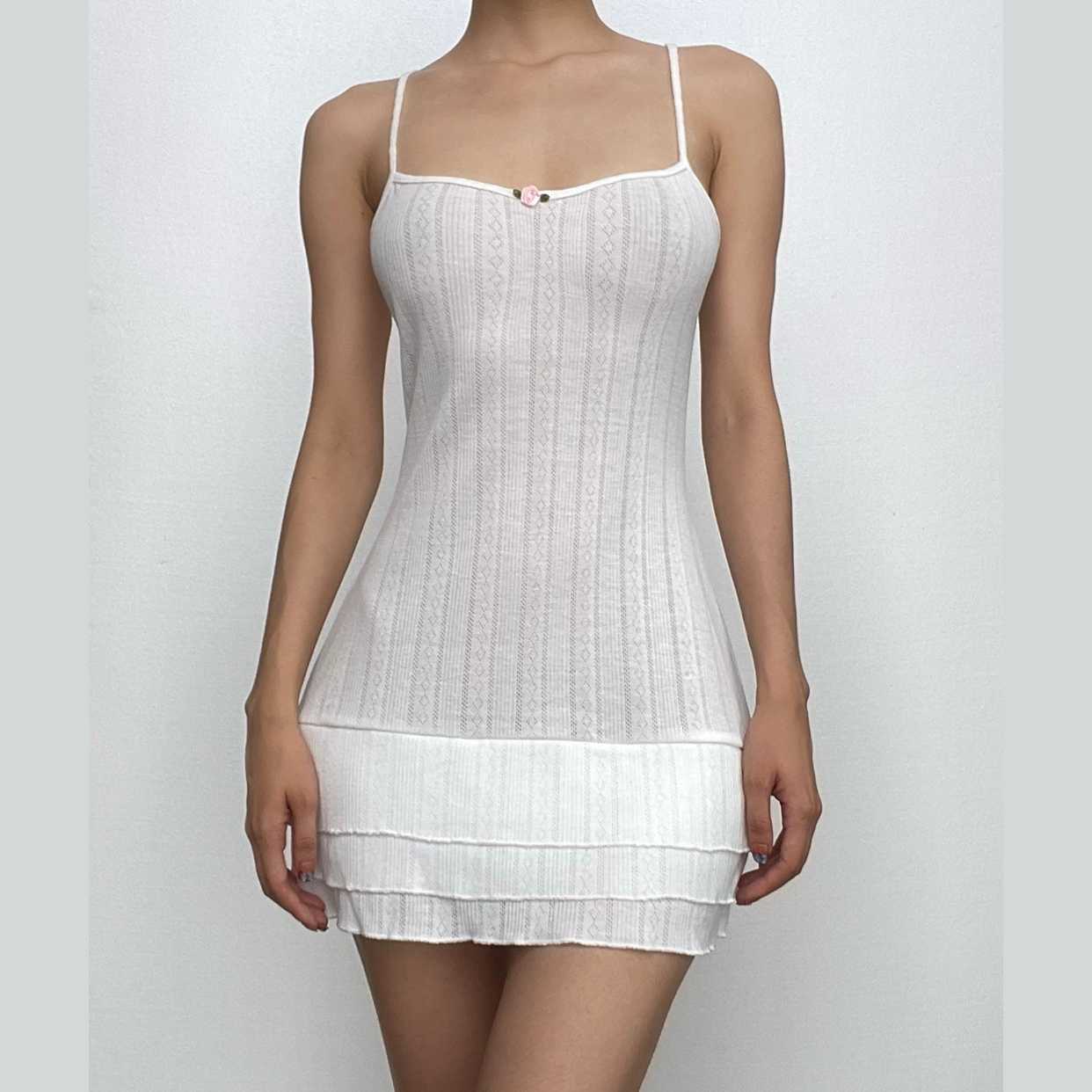 Pointelle Rib Knit Spaghetti Strap Rosebud Applique Tiered Ruffle Mini Dress