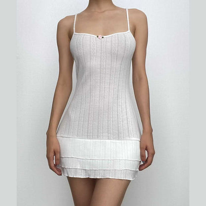 Pointelle Rib Knit Spaghetti Strap Rosebud Applique Tiered Ruffle Mini Dress