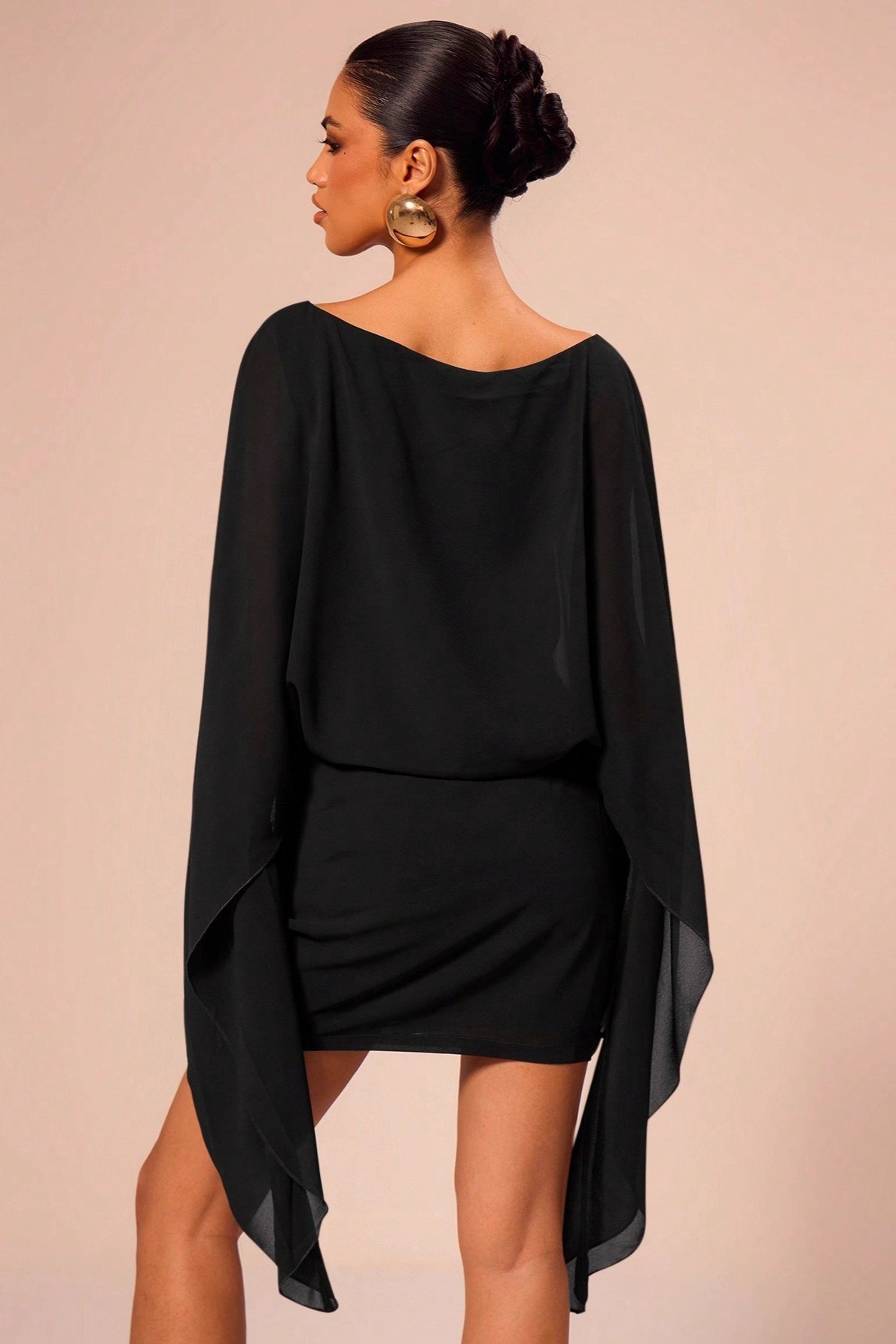 Boat Neck Sheer Batwing Cape Sleeve Draped Blouson Bodycon Mini Dress