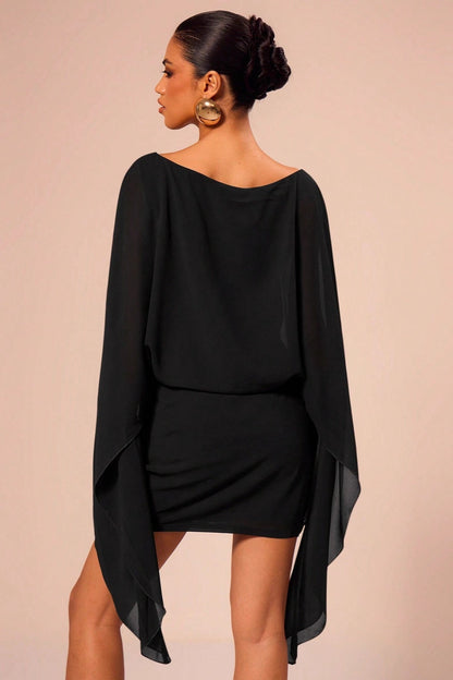 Boat Neck Sheer Batwing Cape Sleeve Draped Blouson Bodycon Mini Dress