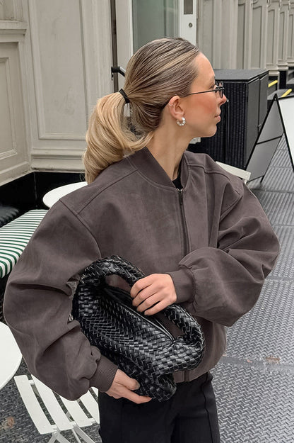 Suede Stand Collar Bomber Jacket