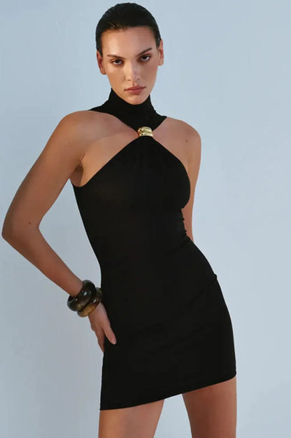 High Neck Halter Metal Ring Hardware Cutout Bodycon Mini Dress
