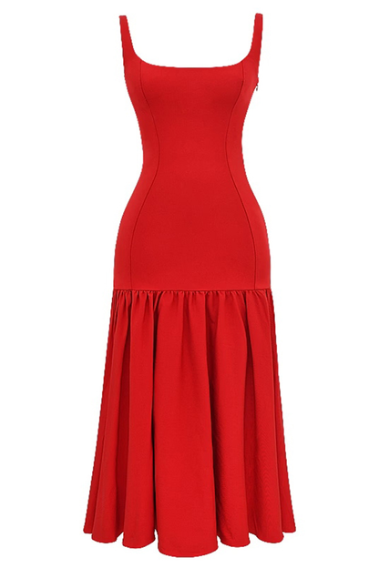 Graceful Silhouette Square Neck Wide Strap Drop Waist Midi Dress