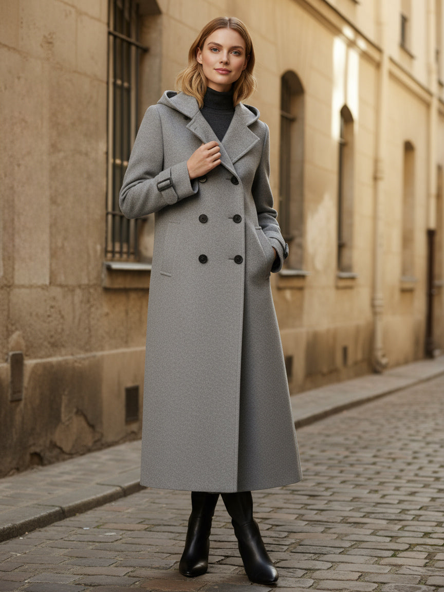 Hooded Double-Breasted Long Woolen Coat With Cuff Tabs For Women 2026