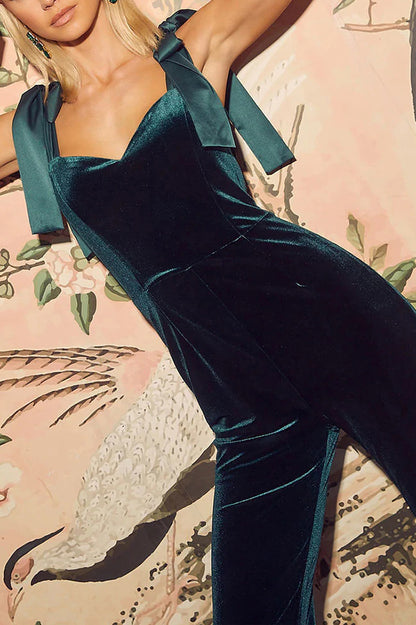 Merlot Sippin' Velvet Shoulder Tie Flare Stretch Jumpsuit