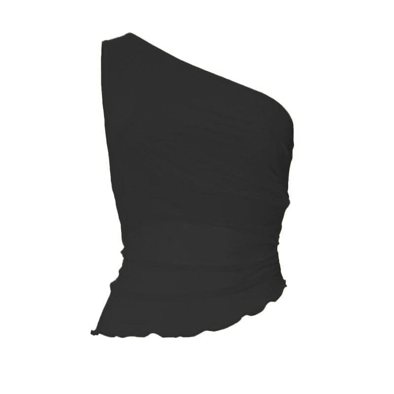 Sleeveless one shoulder ruched ruffle mesh top