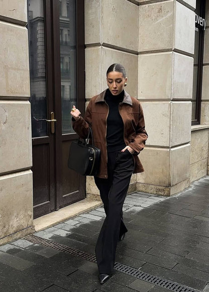 Vintage Edge - Oversized Suede Jacket with Contrast Collar