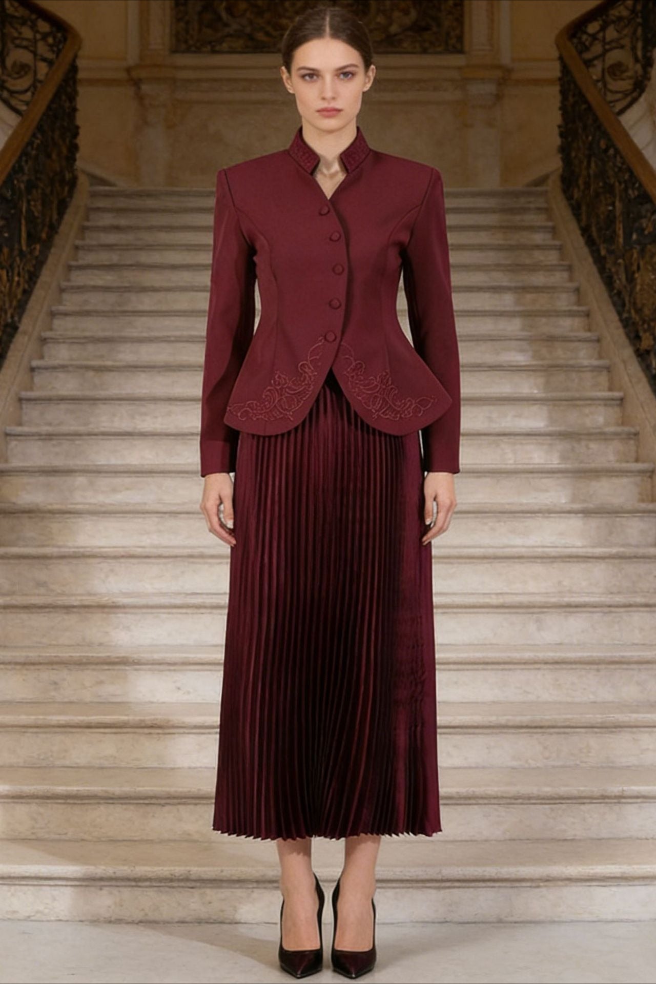 Elegant Two Piece Blazer Pleated Skirt Set