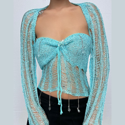 Halter knotted crystal pendant shrug hollow out ruched pant set