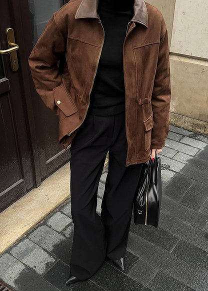 Vintage Edge - Oversized Suede Jacket with Contrast Collar