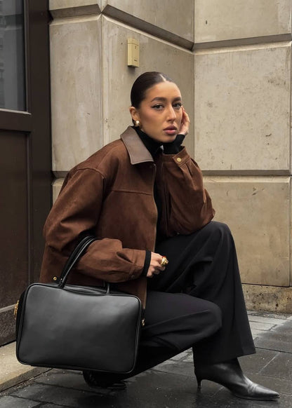 Vintage Edge - Oversized Suede Jacket with Contrast Collar