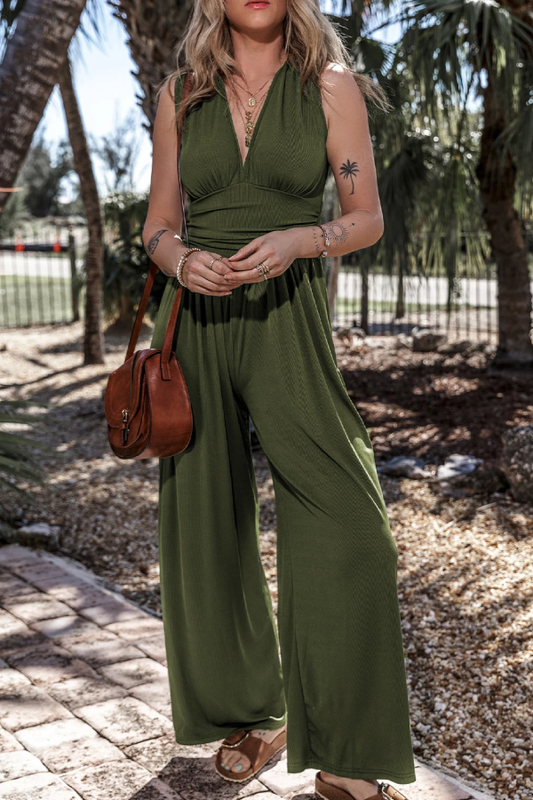 Moss Green Sleeveless V Neck Ruched Wide Leg Jumpsuit