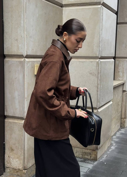 Vintage Edge - Oversized Suede Jacket with Contrast Collar